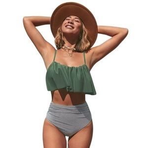 Tankini Two Piece Olive Top Striped Bottom Swimsuit